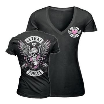 Lethal Threat Vintage Pink Womens V-neck T-shirt Black Lg