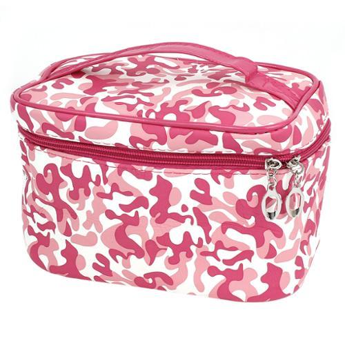 Woman Camouflage Pattern Zipper Closure Faux Leather Cosmetic Hand Bag Pink
