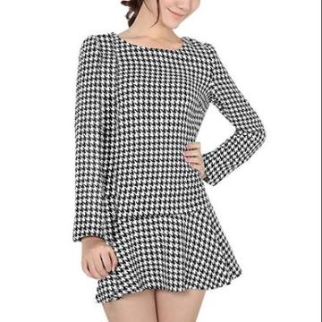 Allegra K Women's Black White Long Sleeves Round Neck Houndstooth Pattern Dress (size / 12)