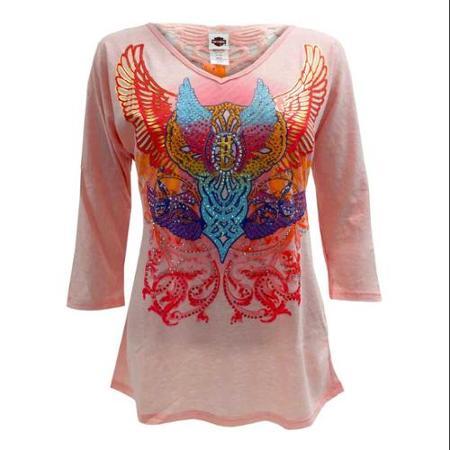 Harley-davidson Small Womens 3/4 Sleeve Shirt, Embellish Retro Triple Wings, Peach (s) Hd515-005pch