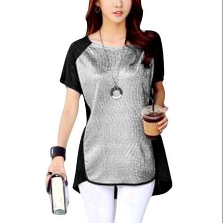 Allegra K Ladies Short Sleeve Round Neck Color Block Tunic Top Black Silver Tone