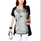 Allegra K Ladies Short Sleeve Round Neck Color Block Tunic Top Black Silver Tone