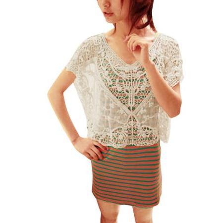 Allegra K Women's V Neck Dolman Sleeve See Through Lace Top Blouse Beige (size / 16)