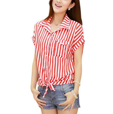 Allegra K Women's Stripes Button Closure Front Short Sleeve Red Blouse (size / 8)
