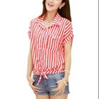 Allegra K Women's Stripes Button Closure Front Short Sleeve Red Blouse (size / 8)