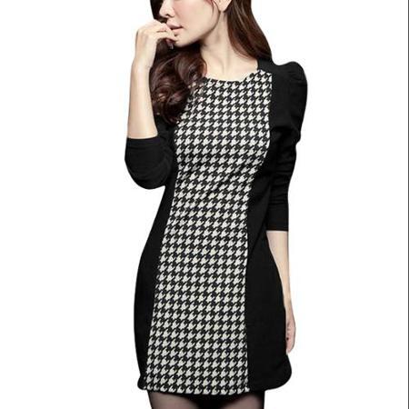 Allegra K Women's Pullover Round Neck Houndstooth Pattern Dress Black White (size / 8)