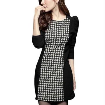 Allegra K Women's Pullover Round Neck Houndstooth Pattern Dress Black White (size / 8)