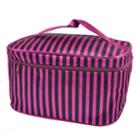 Lady Beauty Tool Stripe Pattern Zip Up Closure Black Fuchsia Cosmetic Bag