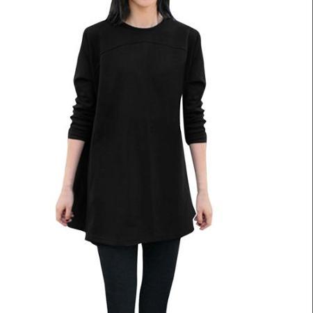 Allegra K Women's Long Sleeved Round Neck Loose Top Shirt Black (size / 4)