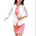 Allegra K Ladies Lace Panel Hollow Out Button Closure Casual Blazers White