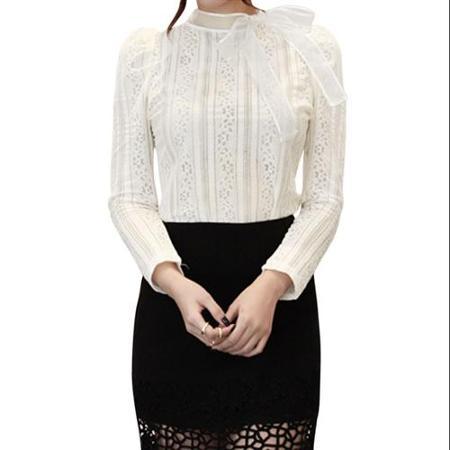 Allegra K Women's Organza Panel Stand Collar Bowknot Decor Slim Fit Lace Top Beige (size / 4)