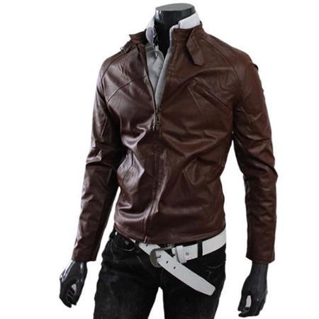 Azzuro Men's Stand Collar Zip Up Solid Color Leather Winter Jacket (size / 38)