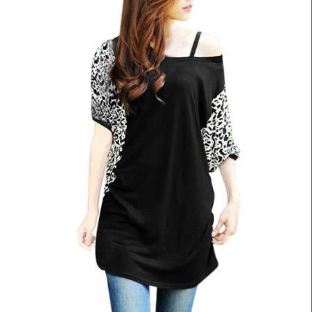 Allegra K Women's Short Dolman Sleeve Leopard Prints Panel Design Tunic Top Black (size / 4)