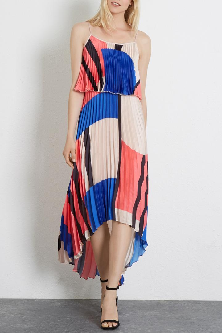 Warehouse Pleated Dipped Hem Midi Dress