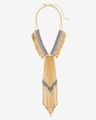 White House Black Market Women's Blue Beaded Chain Fringe Y-necklace