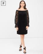 White House Black Market Women's Petite Off-the-shoulder Lace Sleeve Black Velvet Shift Dress