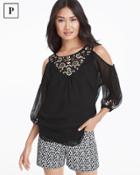White House Black Market Women's Petite Cold-shoulder Embroidered Blouse