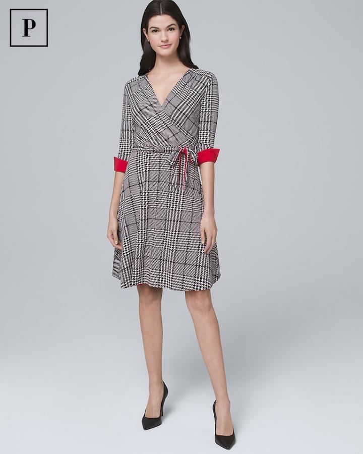 White House Black Market Women's Petite Reversible Plaid/solid Faux-wrap Dress