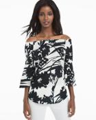 White House Black Market Women's Off-the-shoulder Graphic Floral Black & White Poplin Blouse
