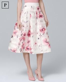 White House Black Market Petite Satin Shadow Stripe Floral Full Midi Skirt