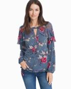 White House Black Market Women's Long Tiered Sleeve Floral Blouse