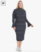 White House Black Market Women's Plus Mock Neck Ruffle-sleeve Stripe Knit Sheath Dress
