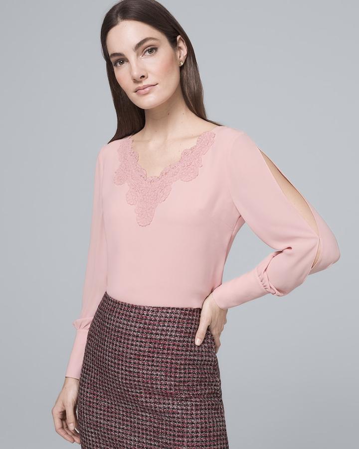 White House Black Market Women's Lace-trim Split-sleeve Blouse