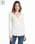 White House Black Market Women's Petite Long-sleeve Embroidered Lace-up Top
