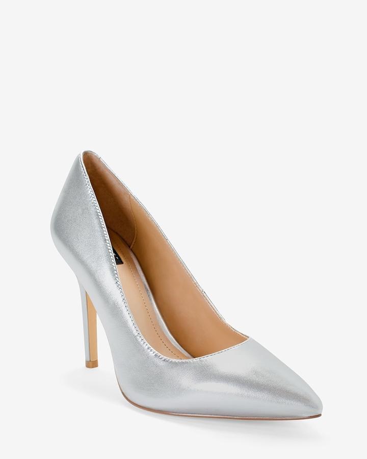 White House Black Market Women's Olivia Leather Silver Metallic Heels
