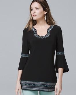 White House Black Market Bell-sleeve Matte-jersey Embroidered Tunic
