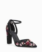 White House Black Market Women's Suede Floral Embroidered Chunky Heels
