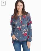 White House Black Market Women's Petite Long Tiered Sleeve Floral Blouse