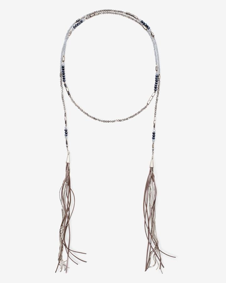 White House Black Market Women's Beaded Leather Double-tassel Lariat Necklace