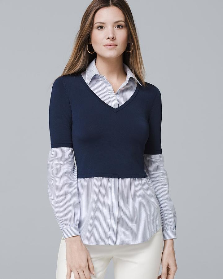 White House Black Market Women's Long-sleeve V-neck Twofer Sweater