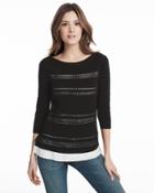 White House Black Market Women's Black Embroidered Pullover Sweater With Contrast Woven Hem