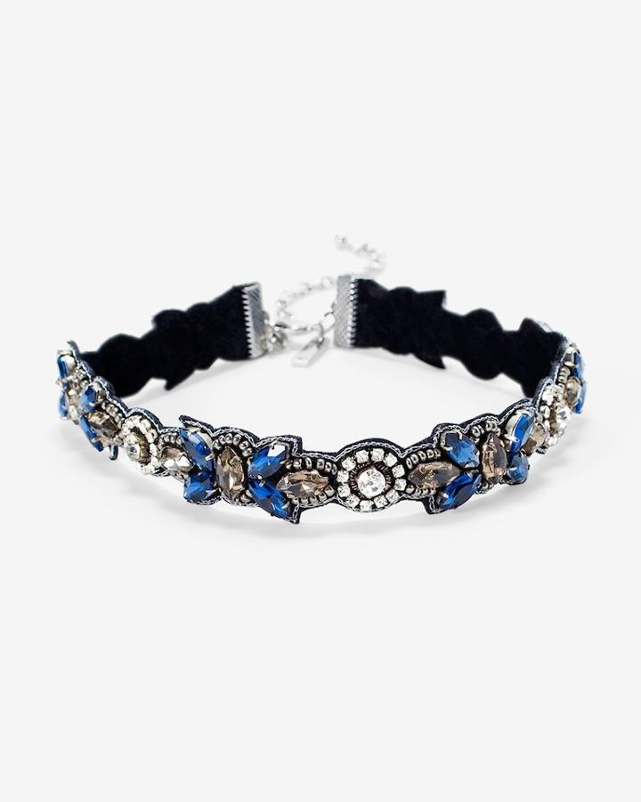 White House Black Market Women's Hematite Blue Stone Fabric Choker Necklace