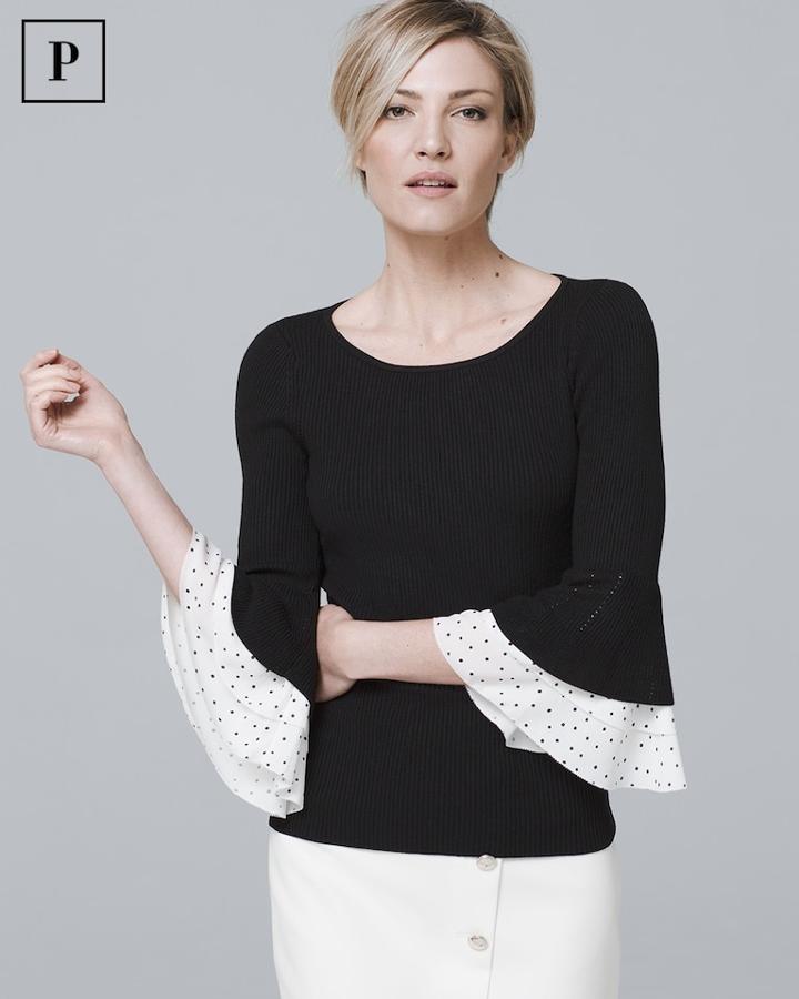 White House Black Market Women's Petite Woven-dot Ruffle Sleeve Sweater
