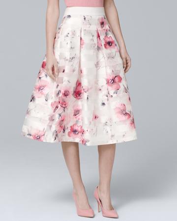 White House Black Market Women's Satin Shadow Stripe Floral Full Midi Skirt