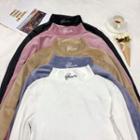 Mock Turtleneck Letter Embroidered Velvet Long-sleeve Top