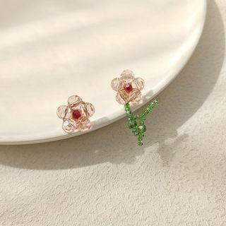 Sterling Silver Asymmetrical Flower Stud Earring 1 Pair - Pink & Green - One Size