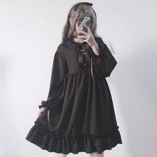 Long-sleeve Tie-neck Ruffled Mini A-line Dress Black - One Size