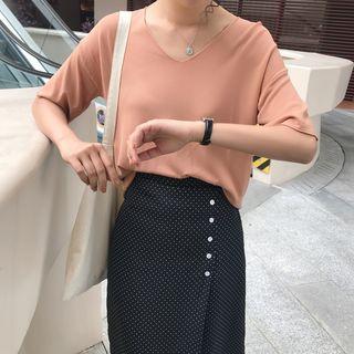 V-neck Elbow Sleeve Knit Shirt