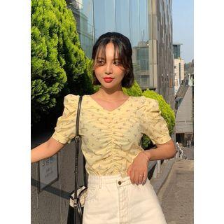 Puff-sleeve Ruched Floral Blouse