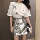 Embroidered Short-sleeve T-shirt / Sequined Pencil Skirt