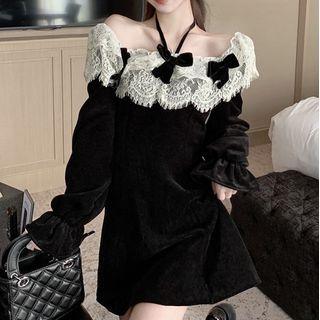 Long-sleeve Off-shoulder Lace Trim Mini A-line Dress