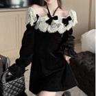 Long-sleeve Off-shoulder Lace Trim Mini A-line Dress