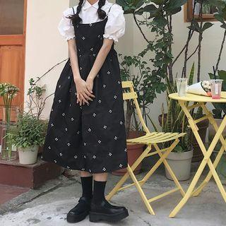 Puff-sleeve Plain Shirt + Patterned Overall Dress