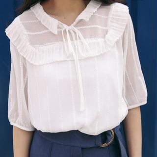 Pleated Trim Elbow Sleeve Chiffon Blouse