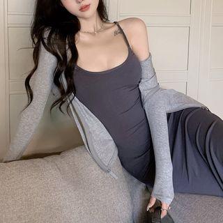 Sleeveless Mermaid Midi Dress / Hooded Light Jacket