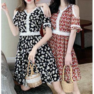 Cold-shoulder Short-sleeve Floral Mini A-line Dress